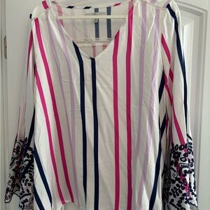 Fever Striped V-Neck Blouse in White, Pink & Navy